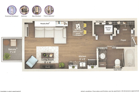 Floor plan for studio, 1 bath, 407 sqft